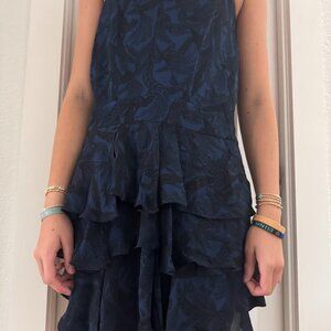 Derek Lam 10 Crosby Black & Blue Leaf Fern Patterned Flounce Mini Dress